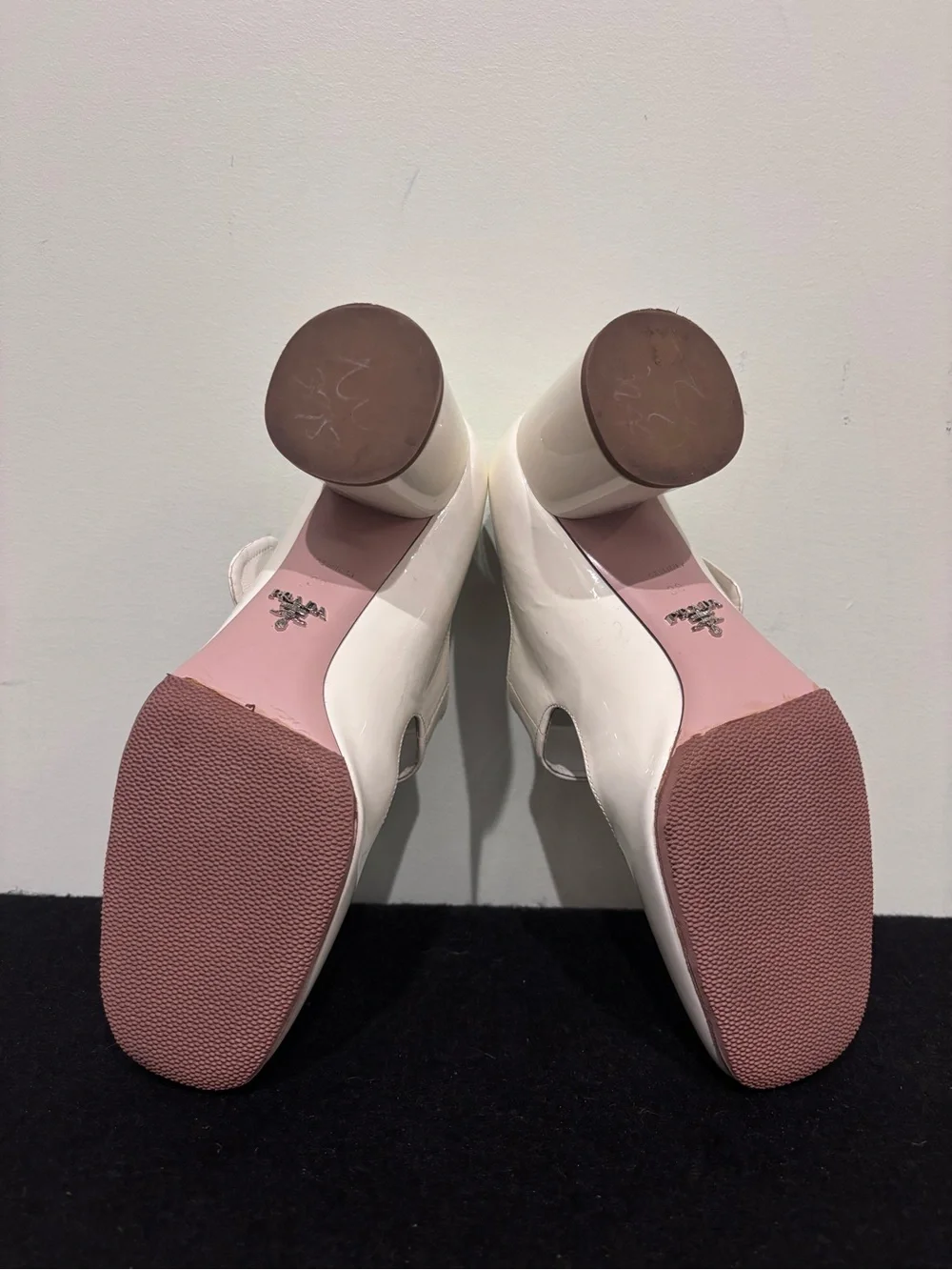 Prada White Patent Mary Jane Block Heel Pumps with Silver Floral Buckle
